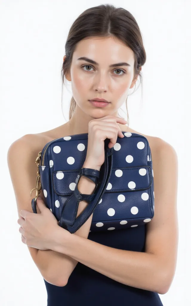 A French female model with a Polka   dot bag, wearing a dress, against a white background, in a front   facing close   up